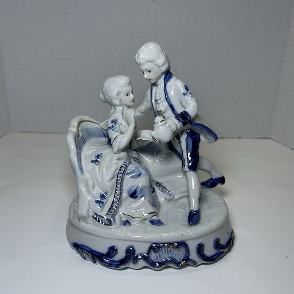 Vintage Porcelain Colonial/Victorian Figures Tea Party Couple Blue/White - Picture 1 of 6